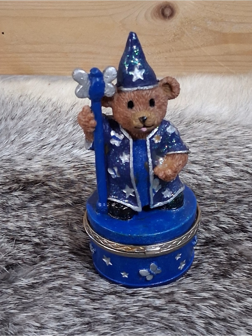 Vintage Claire’s Wizard Teddy Bear Trinket Box Y2K Celestial Blue Keepsake